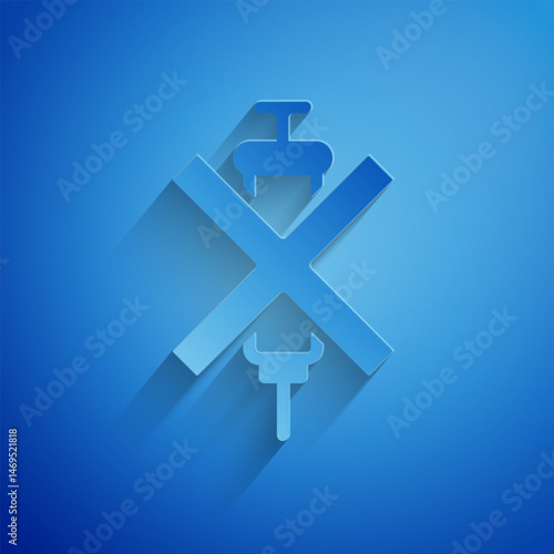 Paper cut No doping syringe icon isolated on blue background. Paper art style. Vector