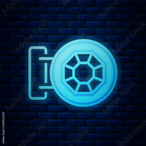 Glowing neon Front facade building jewelry store icon isolated on brick wall background. Vector