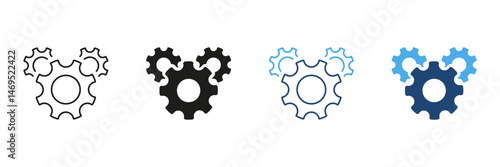 Three Interlocking Gears Icon Set. Mechanical Engineering, Process Optimization, And Industrial Automation Symbol Collection. Represents Teamwork, Efficiency. Isolated Vector Illustration