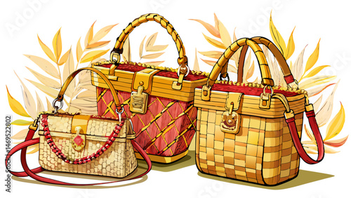 Woven wicker handbags with gold hardware and long straps  Very beautiful white background