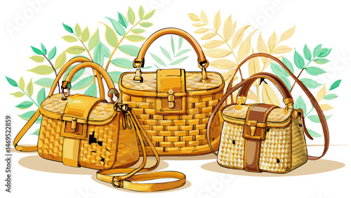 Woven wicker handbags with gold hardware and long straps  Very beautiful white background