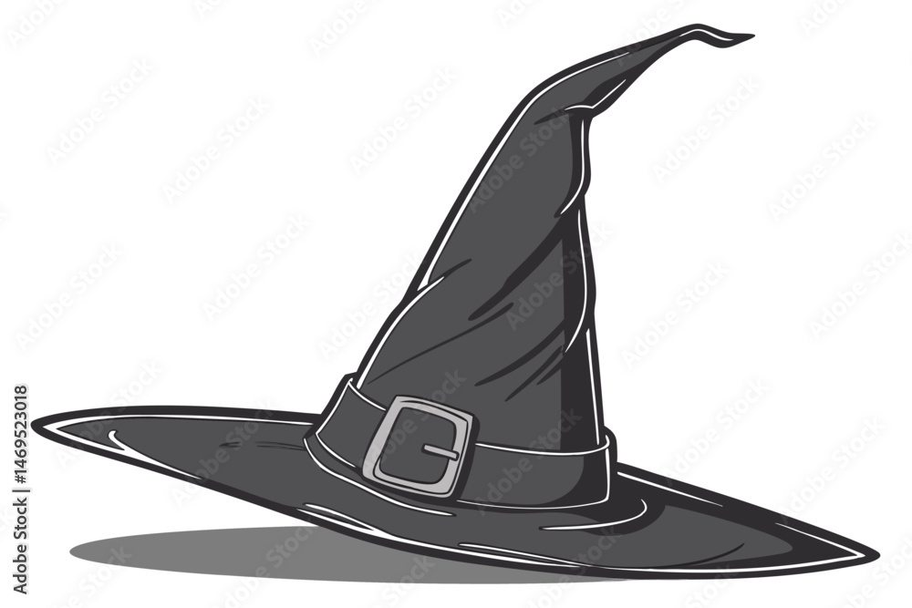 Fototapeta premium 45 A black witch's hat, made of soft, shiny fabric, standing tall and proud against a plain background