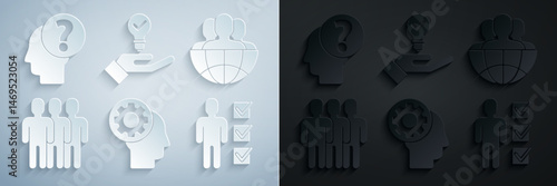 Set Human head with gear inside, Globe and people, Users group, of business suit, Light bulb hand and question mark icon. Vector