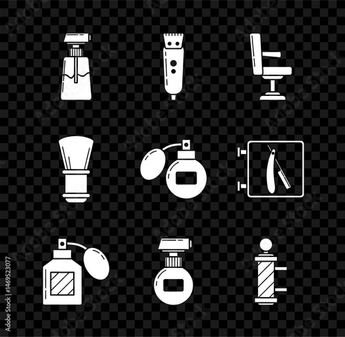 Set Cream or lotion cosmetic tube, Electrical hair clipper shaver, Barbershop chair, Aftershave, Classic pole, Shaving brush and icon. Vector