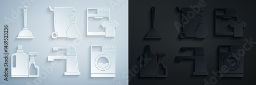 Set Water tap, Washer and t-shirt, Plastic bottles for liquid dishwashing liquid, Trash can and Toilet plunger icon. Vector