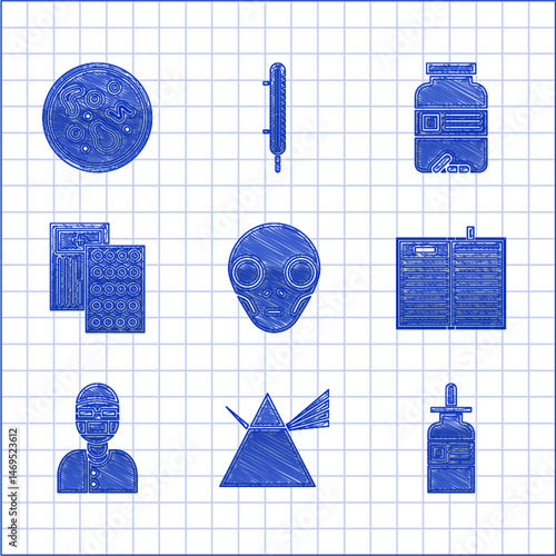 Set Extraterrestrial alien face, Light rays in prism, Glass bottle with pipette, Open science book, Assistant, Pills blister pack, Medicine and pills and Bacteria icon. Vector