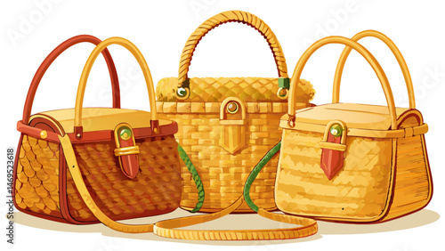 Woven wicker handbags with gold hardware and long straps  Very beautiful white background