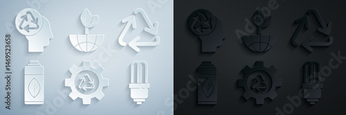 Set Recycle symbol and gear, Recycling plastic bottle, LED light bulb, Earth globe leaf and Human head with recycle icon. Vector