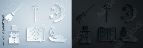 Set Ancient magic book, Moon and stars, Magician, Hand holding fire, wand and Witches broom icon. Vector
