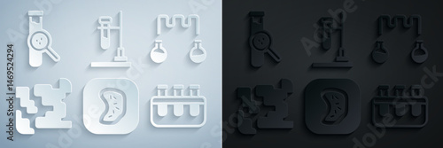 Set Bacteria, Test tube and flask, Gaseous, on fire and icon. Vector