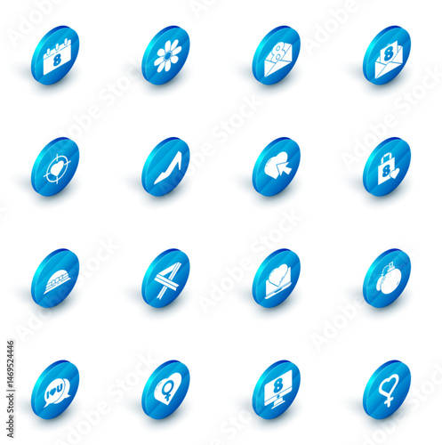 Set Flower, Envelope with 8 March, Heart in the center of target aim, Elegant women hat, Woman shoe, Shopping bag heart and and cursor click icon. Vector