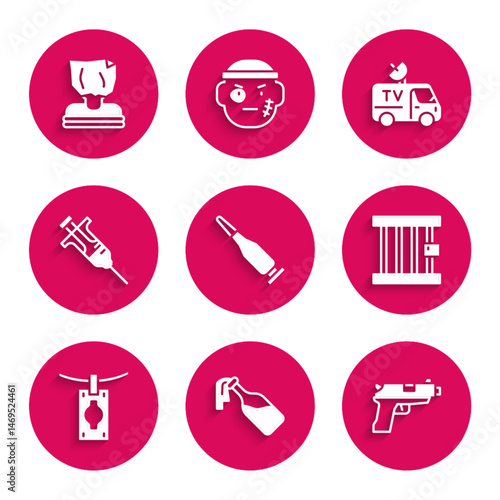 Set Bullet, Cocktail molotov, Pistol or gun, Prison window, Money laundering, Syringe, TV News car and Kidnaping icon. Vector