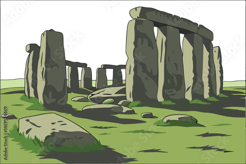 46 ruins, ancient stone circle, weathered rocks, grassy landscape, symbolic architecture, massive pillars, mystic monument, historical landmark, photorealistic, detailed, 3d render, highly detailed, v