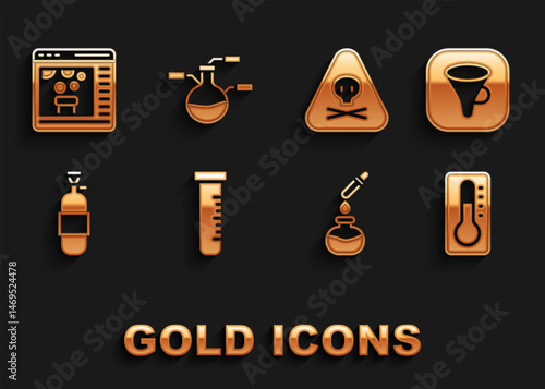 Set Test tube and flask, Funnel or filter, Medical thermometer, Propane gas tank, Triangle warning toxic, Chemical online and icon. Vector