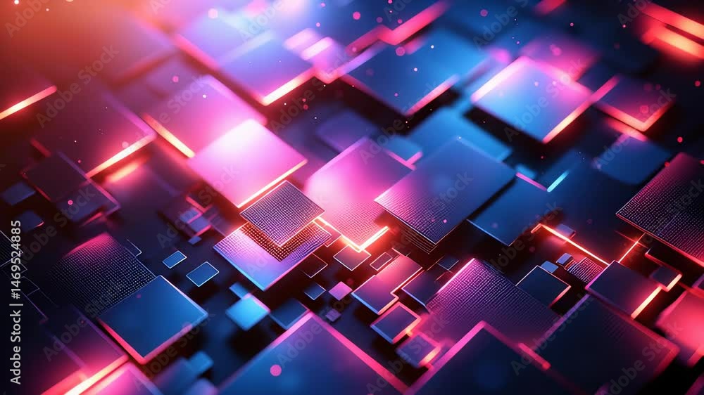 Vibrant glowing squares in a futuristic digital grid. Inspired 3D art with neon lighting, depth, and high-tech visual composition in motion. Vibrant glowing squares in a futuristic digital grid. Inspired 3D art with neon lighting, depth, and high-tech visual composition in motion.