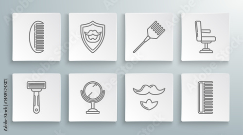 Set line Shaving razor, Mustache and beard on shield, Hand mirror, Hairbrush, Barbershop chair and icon. Vector