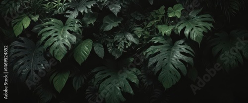 Deep green tropical leaves and vines intertwining, black backdrop  Shadowy, dense, mysterious jungle scene ,  nature,  high resolution,  black