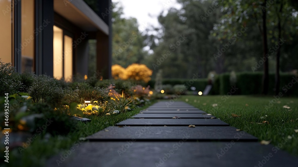 Obraz premium Elegant modern home exterior with landscape design and lighting emphasis