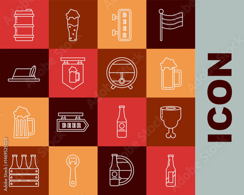 Set line Beer bottle, Chicken leg, Glass of beer, Street signboard with inscription, glass, Oktoberfest hat, Metal keg and Wooden barrel rack stopcock icon. Vector
