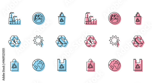 Set line Plastic bag with recycle, Earth globe, Factory, Solar energy panel, Recycling plastic bottle, Recycle symbol and leaf and No trash icon. Vector