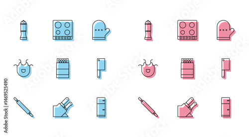 Set line Rolling pin, Knife, Pepper, Refrigerator, Open matchbox and matches, Meat chopper, Kitchen apron and Gas stove icon. Vector