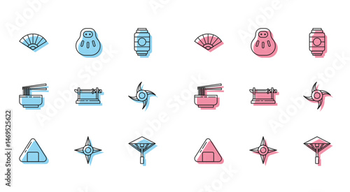 Set line Sushi, Japanese ninja shuriken, Paper chinese or japanese folding fan, umbrella from the sun, Traditional katana, Asian noodles bowl and chopsticks and Maneki neko cat icon. Vector
