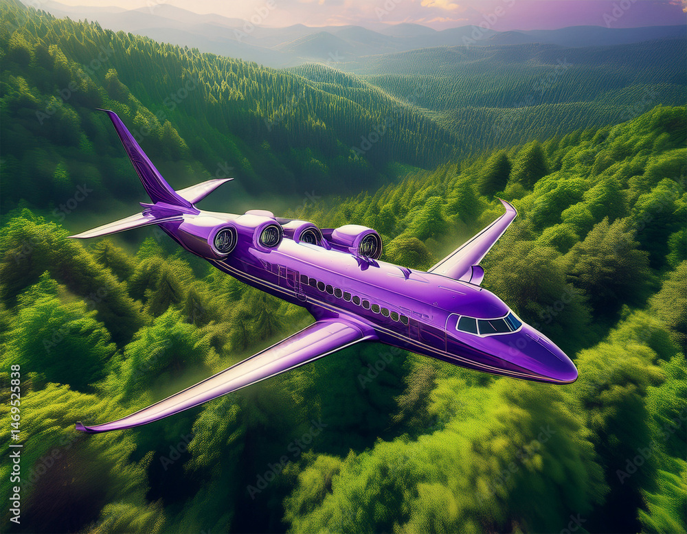 Fototapeta premium soaring adventure a captivating purple airplane gliding above lush green forests n perfect for eco tourism travel and aviation promotions