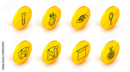 Set line Unicycle or one wheel bicycle, Magician hat, Playing cards, hand mirror, Pentagram, Bottle with love potion and icon. Vector
