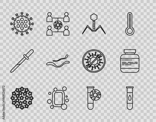 Set line Virus, Blood test and virus, Bacteria bacteriophage, Bar of soap, Ebola disease, Test tube with and Medicine bottle pills icon. Vector