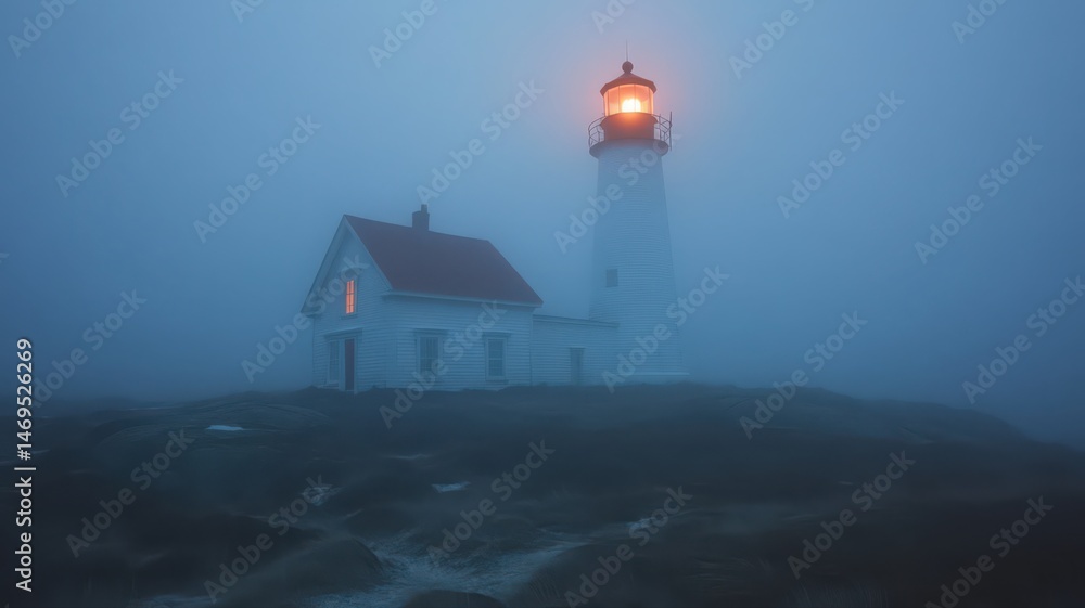 Lighthouse in Dense Fog at Night Lighthouse in Dense Fog at Night