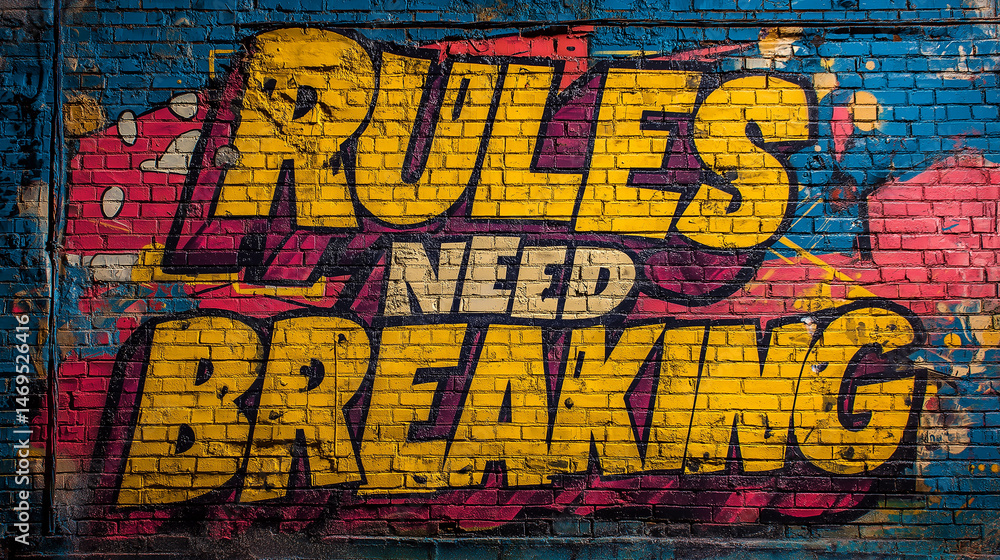 Obraz premium Pop art comic street graffiti with Rules Need Breaking text on brick wall. Social protest and action background poster. 