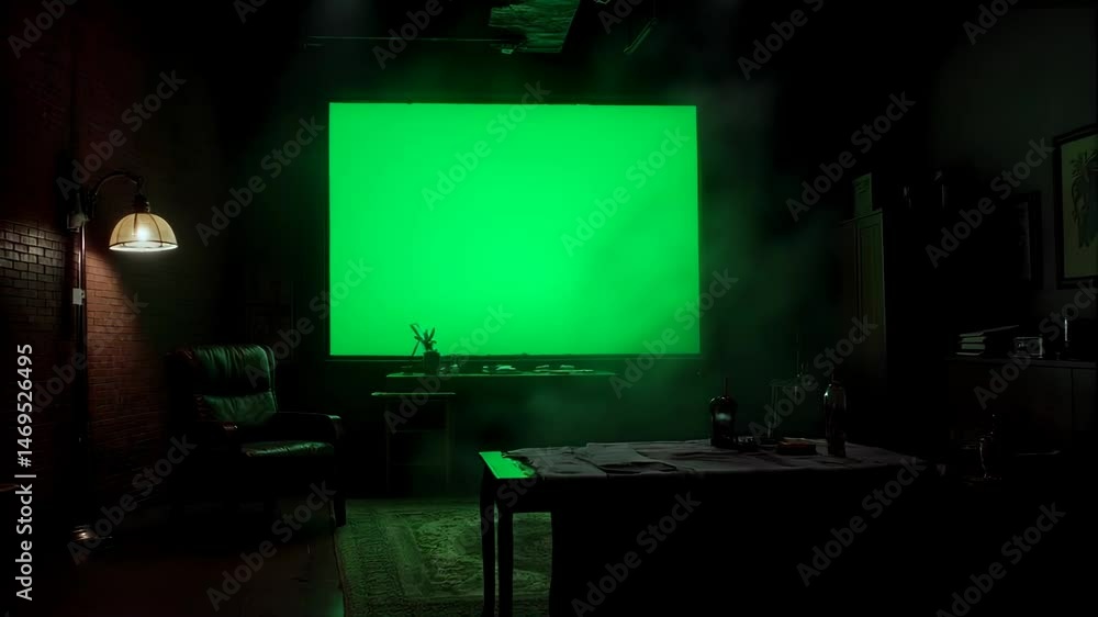 The green light of the TV seeps into the dark surroundings. The green light of the TV seeps into the dark surroundings.