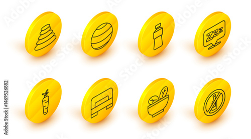 Set line No alcohol, Salad in bowl, Big bed, Carrot, Sleepy, Bottle of water, Fitness ball and Stack hot stones icon. Vector
