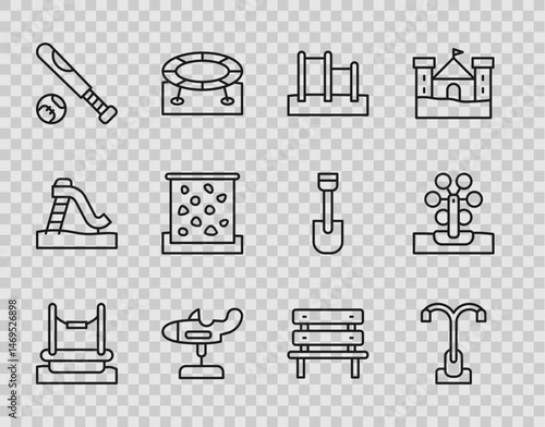 Set line Bungee, Street light, Horizontal bar, Swing plane, Baseball bat with ball, Climbing wall, Bench and Ferris wheel icon. Vector
