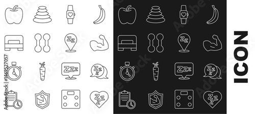 Set line Sleepy, Bodybuilder muscle, Smart watch, Dumbbell, Big bed, Apple and icon. Vector