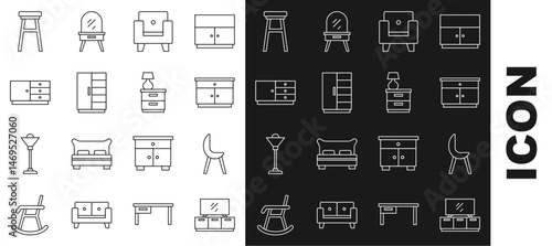 Set line TV table stand, Armchair, Furniture nightstand, Wardrobe, Chest of drawers, Chair and with lamp icon. Vector