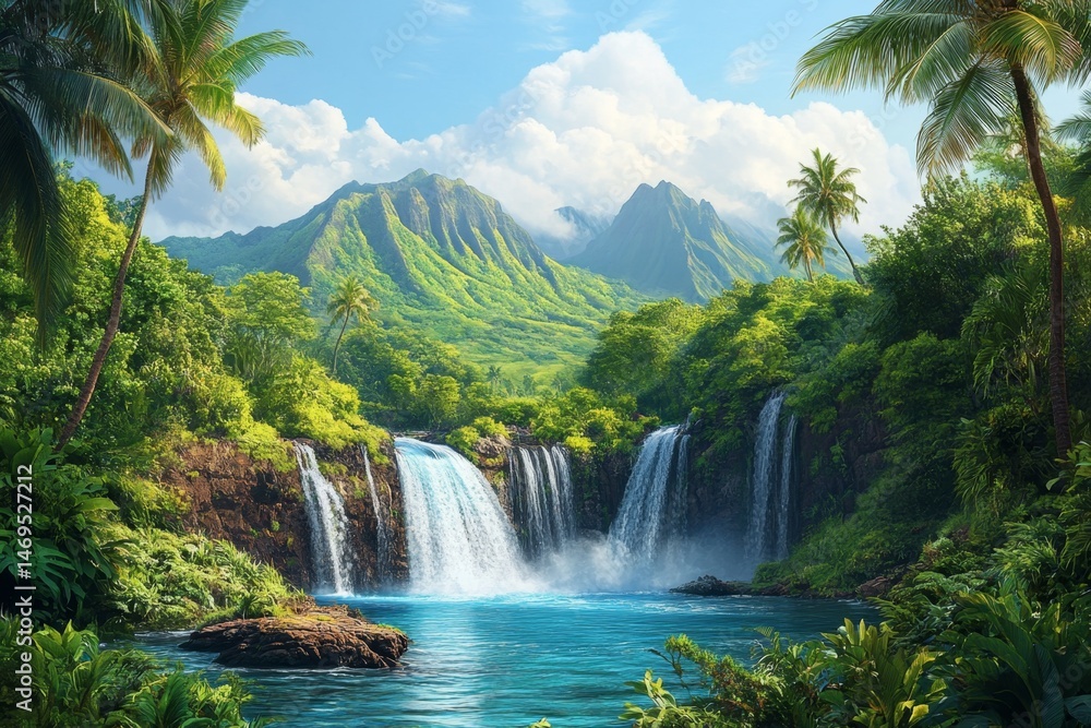 Fototapeta premium Lush waterfall cascading into a tranquil pool, surrounded by vibrant tropical foliage and majestic mountains