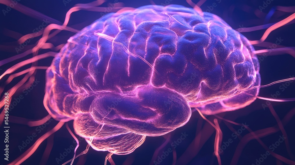 Obraz premium Human brain, glowing with neural pathways