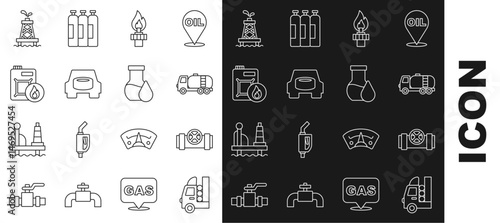 Set line Gas tank for vehicle, Metallic pipes and valve, Tanker truck, Oil rig with fire, Spare wheel in the car, Canister motor oil, and petrol test tube icon. Vector