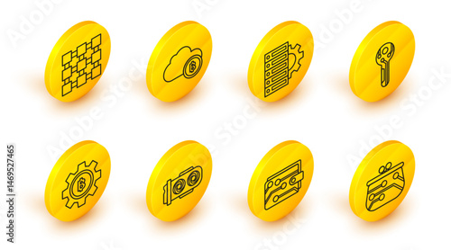 Set line Cryptocurrency wallet, Mining farm, coin Bitcoin, key, Server and gear, cloud mining and Blockchain technology icon. Vector
