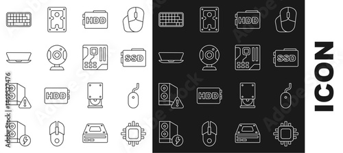 Set line Processor with CPU, Computer mouse, SSD card, Hard disk drive HDD, Web camera, Laptop, Keyboard and Motherboard digital chip icon. Vector