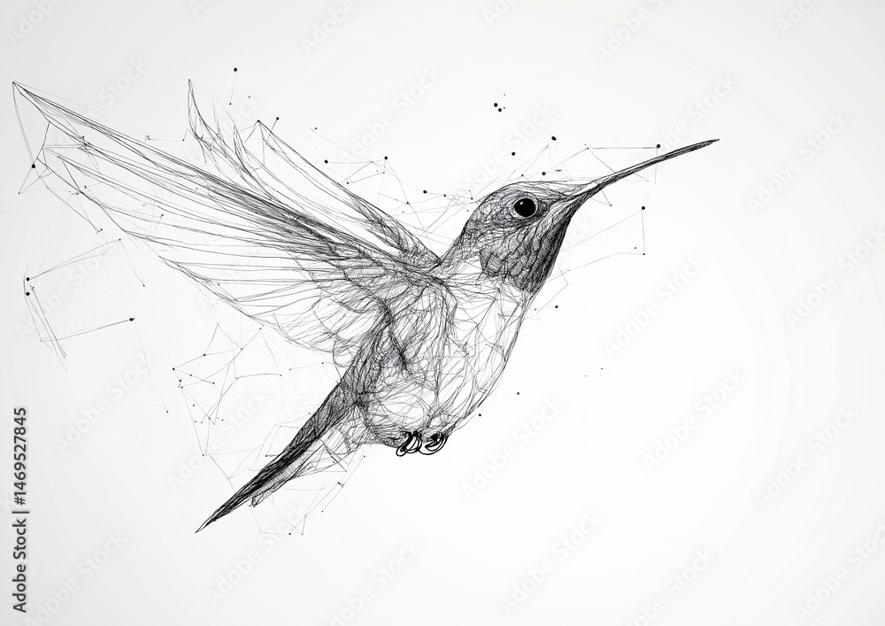 Fototapeta premium Ink line drawing of a hummingbird, flying, detailed and beautiful, on a white background.