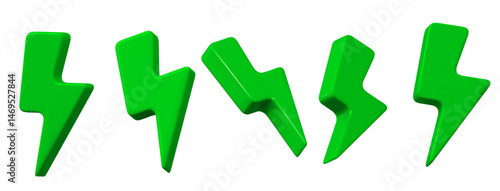 3d set of green charger symbol with rotation. Green sign thunder. Symbol of energy, danger. Minimalistic electrical discharge. Stock vector illustration on isolated background.	