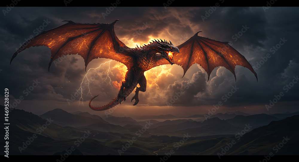 Obraz premium Fiery dragon soars through stormy skies with lightning strikes fantasy artwork