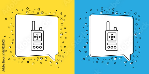 Set line Walkie talkie icon isolated on yellow and blue background. Portable radio transmitter icon. Radio transceiver sign. Vector