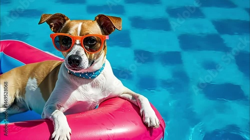 jack Russell dog in sunglasses chilling on an inflatable mattress in water by the sea or swimming pool in summer holiday vacation.