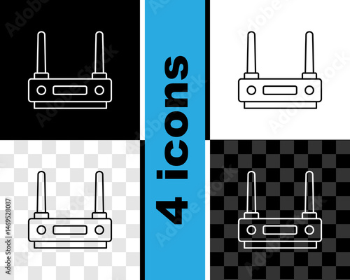 Set line Router and wi-fi signal icon isolated on black and white, transparent background. Wireless ethernet modem router. Computer technology internet. Vector