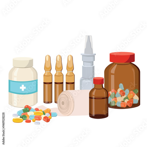 Set of Medical Pills or Medications, Pharmacy and Drugstore Production. Blister, Bottles or Jars with Drugs. Vector illustration