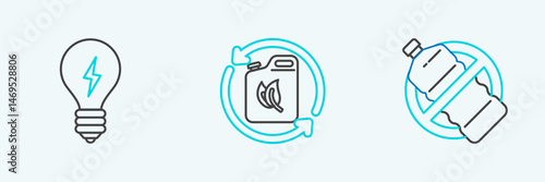 Set line No plastic bottle, Light bulb with lightning symbol and Bio fuel canister icon. Vector