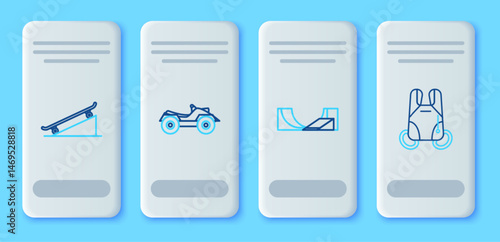 Set line All Terrain Vehicle or ATV motorcycle, Skate park, Skateboard on street ramp and Parachute icon. Vector